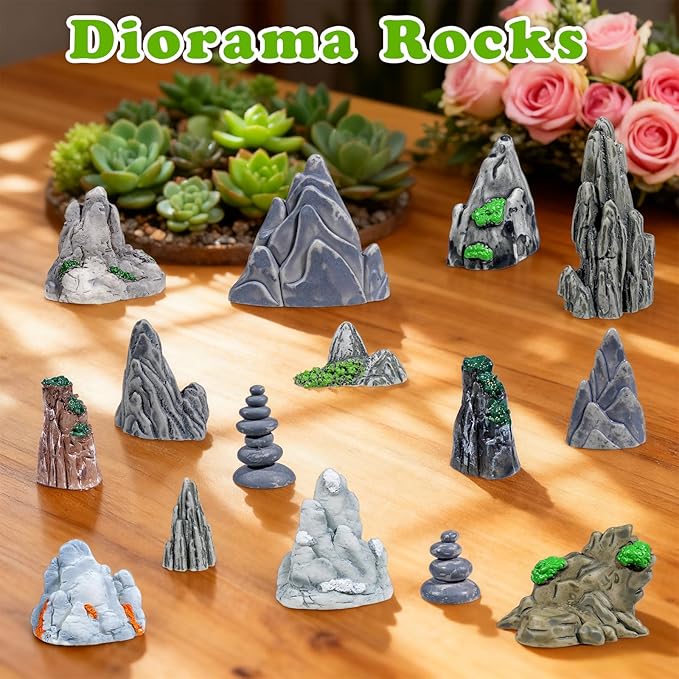Warmtree 18 Pcs Diorama Rocks Fake Rock Miniature Stone Statue for Diorama Supplies, Micro Train Landscape, Railway Sand Table, Zen Garden Accessories