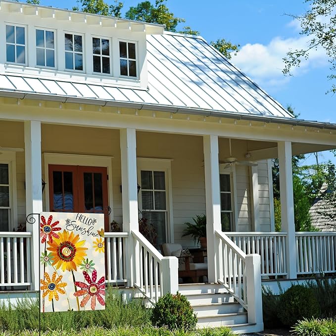Summer Flowers Garden Flag 12x18 Inch Double Sided,Hello Sunshine Sunflower Daisy Small Yard Flags for Outdoor,Seasonal Decoration for Spring Farmhouse Holiday Outside