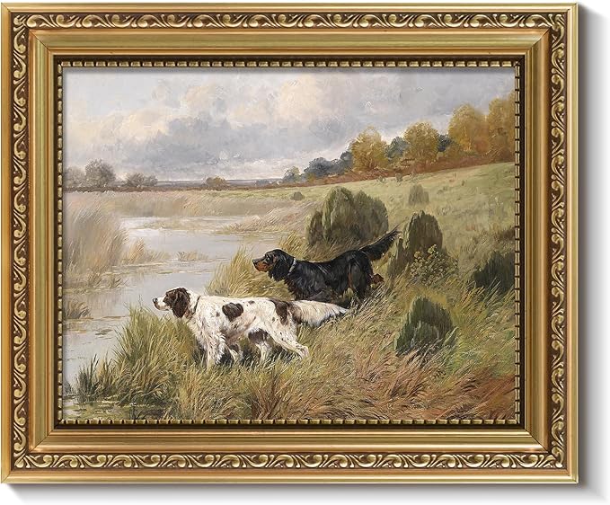 ARPEOTCY Vintage Gold Framed Wall Art, Retro River Dog Landscape Paintings, 8x10 inch Small Canvas Prints Artwork with Antique Frame, Victorian Wall Picture Decor for Room Gallery Living Room Shelf