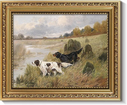ARPEOTCY Vintage Gold Framed Wall Art, Retro River Dog Landscape Paintings, 8x10 inch Small Canvas Prints Artwork with Antique Frame, Victorian Wall Picture Decor for Room Gallery Living Room Shelf