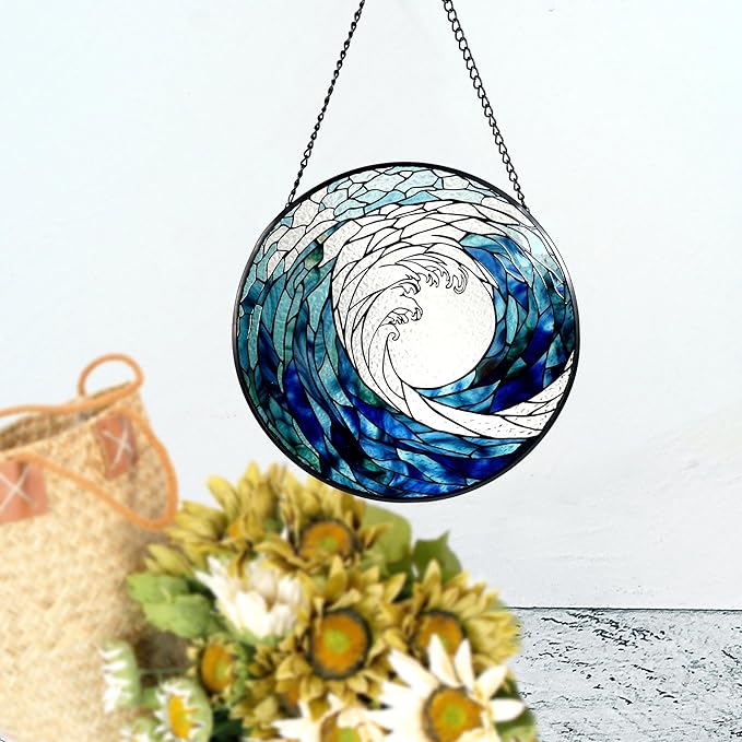 Ocean Waves Stained Glass Suncatcher, Handmade Window Hanging Wall Art with Chain, Real Glass Coastal Home Decor, Unique Sun Catcher Gift for Women, Christmas, 7.8