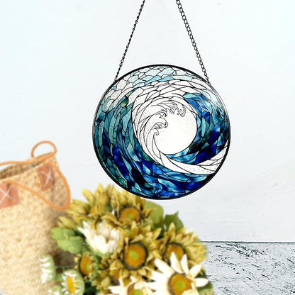 Ocean Waves Stained Glass Suncatcher, Handmade Window Hanging Wall Art with Chain, Real Glass Coastal Home Decor, Unique Sun Catcher Gift for Women, Christmas, 7.8