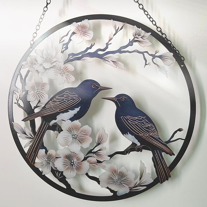 POXOHO Metal Bird Wall Art, 12" Round Wall Decor, Dark Brown, For Living Room, Bedroom, Office
