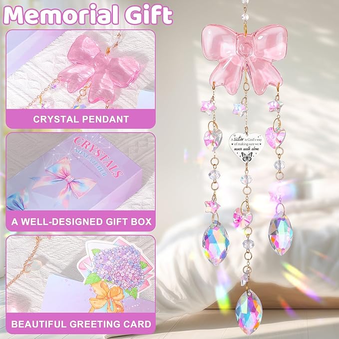 Crystal Sun Catchers Indoor Window,Pink Bow Decor Sun Catcher for Sister Gifts with 3 Chains,Prism Rainbow Crystal Suncatcher for Hangings College Dorm Rooms Home Decoration