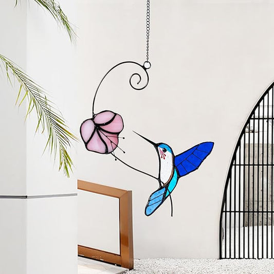 1PC Colorful Hummingbird Stained Glass Suncatcher, Handcrafted Window Hanging Ornament for Home Wall Garden Decor, Unique Gift for Bird Lovers, Nature Enthusiasts, Women Mom