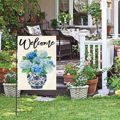 AVOIN colorlife Spring Hydrangea Floral Welcome Garden Flag 12x18 Inch Double Sided Outside, Blue and White Chinoiserie Seasonal Yard Outdoor Flag