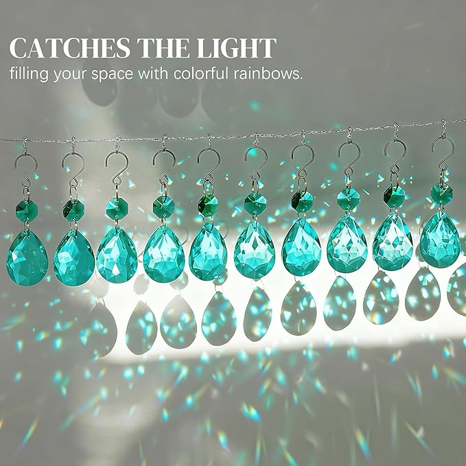 H&D HYALINE & DORA 3Inch Crystal Suncatcher Bauhinia Prisms Pendants 10Pcs Chandelier Crystals Replacement Hanging Sun Catcher Beads for DIY Arts Crafts Decor (Cyan Blue)
