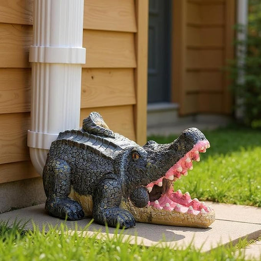 Funny Crocodile Statue Gutter Downspout Extensions, Rain Gutter Downspout Splash Block Cover Sculpture Decorative, 3" × 4" Downspouts