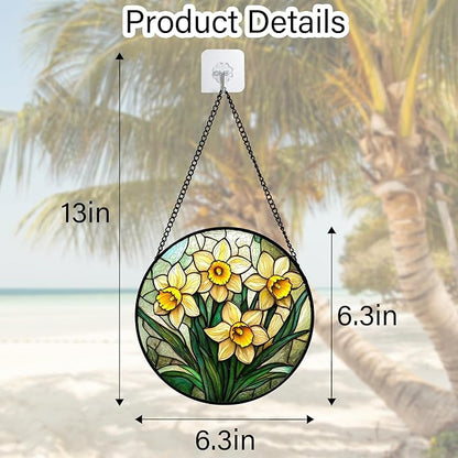 DASTOLL Stained Glass Window Hanging, Daffodil Plant Flowers Sun Catchers Diamond Glass Panel Hangings Suncatcher Decor for Birthday for Women, Men, Wife, Aunt, and Mom 9.8 in