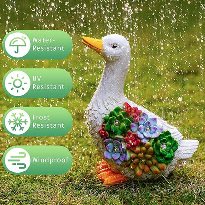 Solar Powered Duck Garden Statue with Succulents & LED Lights – Whimsical Resin Outdoor Decor for Patio, Lawn & Gift