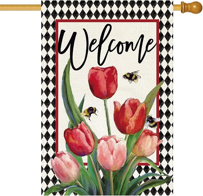 Baccessor Spring Easter Tulip Welcome House Flag 28 x 40 Inch Double Sided Burlap Spring Flowers Floral Buffalo Plaid Large Yard Flag Summer Holiday Seasonal Outdoor Outside Decoration