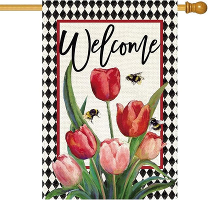 Baccessor Spring Easter Tulip Welcome House Flag 28 x 40 Inch Double Sided Burlap Spring Flowers Floral Buffalo Plaid Large Yard Flag Summer Holiday Seasonal Outdoor Outside Decoration
