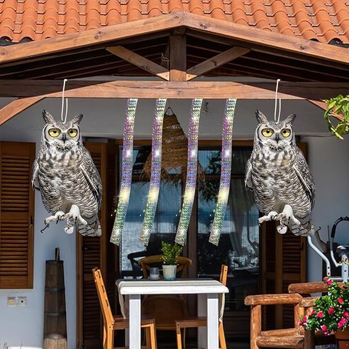 4PCS Reflective Plastic Owl Hanging Decoration Dual-Side Printed Raster Fake Eagle Garden Owl with Scare Tape for Garden Patio Windows
