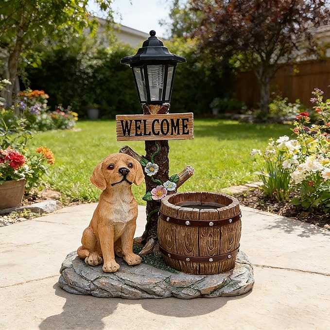 Solar Garden Statue with Planter & Lantern, Outdoor Resin Animal Sculpture, Waterproof Yard Lawn Decor Pot for Succulents, Front Porch Ornament Housewarming Gift (Lab Puppy)
