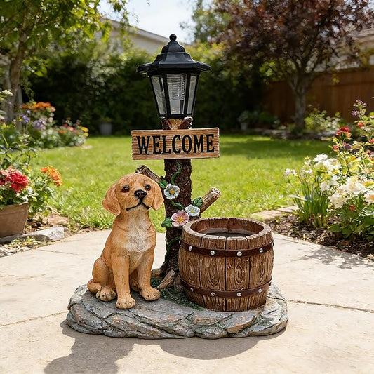 Solar Garden Statue with Planter & Lantern, Outdoor Resin Animal Sculpture, Waterproof Yard Lawn Decor Pot for Succulents, Front Porch Ornament Housewarming Gift (Lab Puppy)
