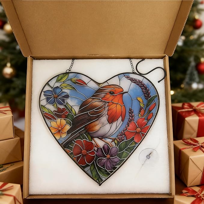 Heart-Shaped Robin Bird Stained Glass Window Hanging, 9.8'' Colorful Flower Sun Catcher Glass Panel Decor with Chain, Handcrafted Sun Catcher Gifts for Mom Wife Birds Lovers (Bird & Flower)