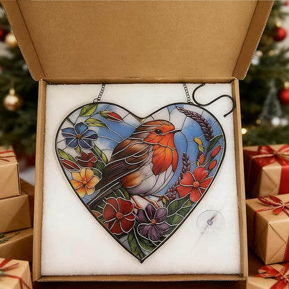 Heart-Shaped Robin Bird Stained Glass Window Hanging, 9.8'' Colorful Flower Sun Catcher Glass Panel Decor with Chain, Handcrafted Sun Catcher Gifts for Mom Wife Birds Lovers (Bird & Flower)