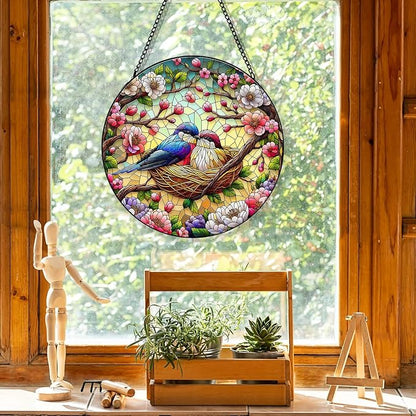 Stained Glass Window Hanging, Colorful Hummingbird and Flower Branch Suncatcher for Window Doors Garden Home Decoration, Cardinal Panel Ornaments for Women,Men,Wife, Lovers, and Mom 7.8×7.8 in