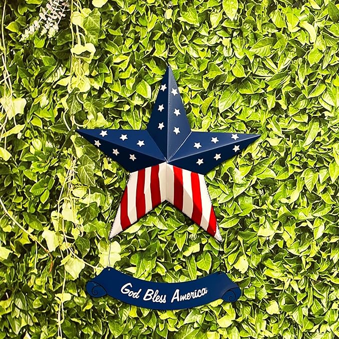 Rustic Hanging Metal American Flag Patriotic Barn Star Wall Door Yard Signs 4th of July White Blue Red Independence Day Memorial Day Decor Indoor Outdoor Stars Wreath Fourth of July Decorations