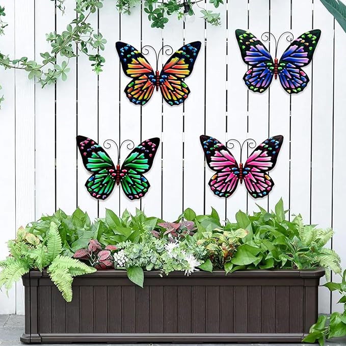 LWINGFLYER 4PCS Metal Butterfly Wall Decor Butterflies for Garden Wall Art Decoration for Fence Patio Accents Balcony Features Beautify Backyards Gardens Porch Living Areas (Butterfly)