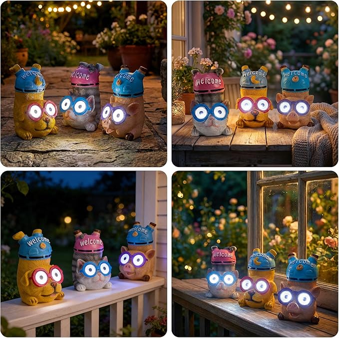 pearlstar 3 Pack Solar Lights Outdoor Garden Statues Resin Animal with Welcome Sign, Mothers Day Gifts for Mom Grandma, Cat Dog Pig Solar Figurines LED Lights Waterproof Outside Decor for Patio Yard