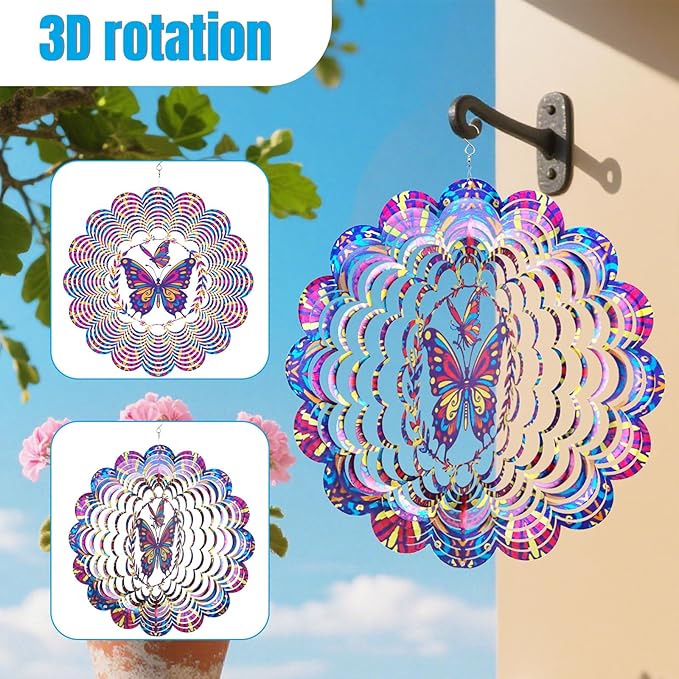 Wind Spinners Outdoor, Butterfly Metal 3D Hanging Garden Decor, 12-inch Stainless Steel Wind Spinner with Tail Spinner, Wind Sculptures for Patio Lawn Yard, Ornament Gift for Women/Men
