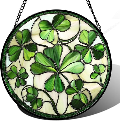 Stained Glass Window Hanging - Ireland Green Lucky Clover Suncatcher for Doors Garden St. Patrick's Day Sun Catchers Decor Mother's Day Birthday for Women Men Mom Nana 9.8 in