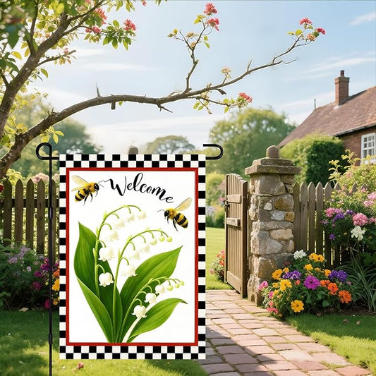 IVN Welcome Garden Flag 12x18 Inch Double Sided Spring Summer Garden Yard Flags Lily of the Valley Bees Decorative Small Flags for Outdoor Seasonal Front Door Lawn Porch Patio Decor Yard Flag