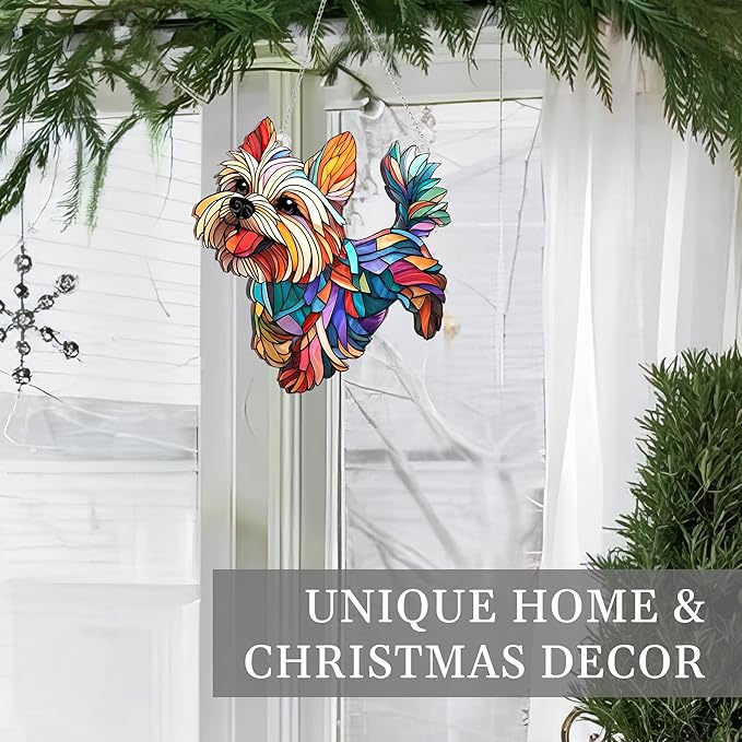 Colorful Dogs Acrylic Suncatcher Ornament for Window Decor, Acrylic Suncatcher Window Hanging Decor, Dog Lovers Gifts for Women, Dogs Christmas Ornaments for Tree Hanging (Yorkshire)