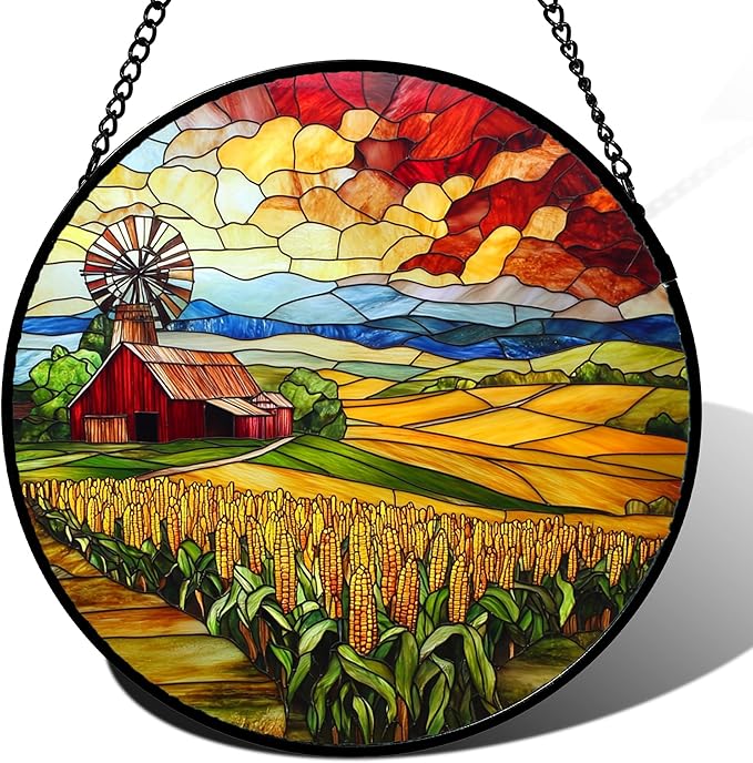 Stained Glass Window Hanging Autumn Farm Corn Harvest Landscape 7.8" - Suncatcher Garden Door Sun Catcher Home Decor Birthday Christmas for Woman Mom Friend Men Nana