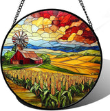 Stained Glass Window Hanging Autumn Farm Corn Harvest Landscape 7.8" - Suncatcher Garden Door Sun Catcher Home Decor Birthday Christmas for Woman Mom Friend Men Nana