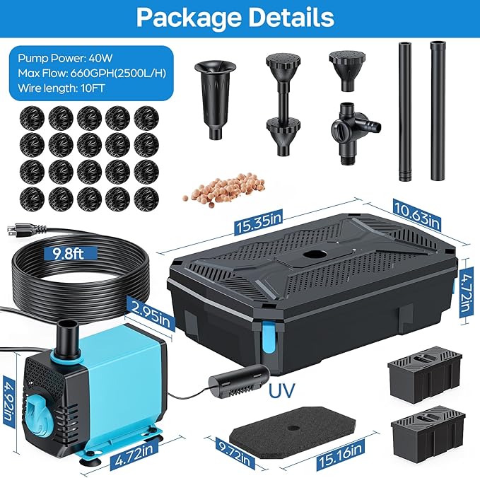 Antfraer Pond Filter Fountain Pump Kits with UV Clarifier, Pond Filter Box with 40W 660GPH Submersible Pump, KOI Pond Filter for Outdoor Ponds Garden Fountain Waterfall Aquarium Koi Pond