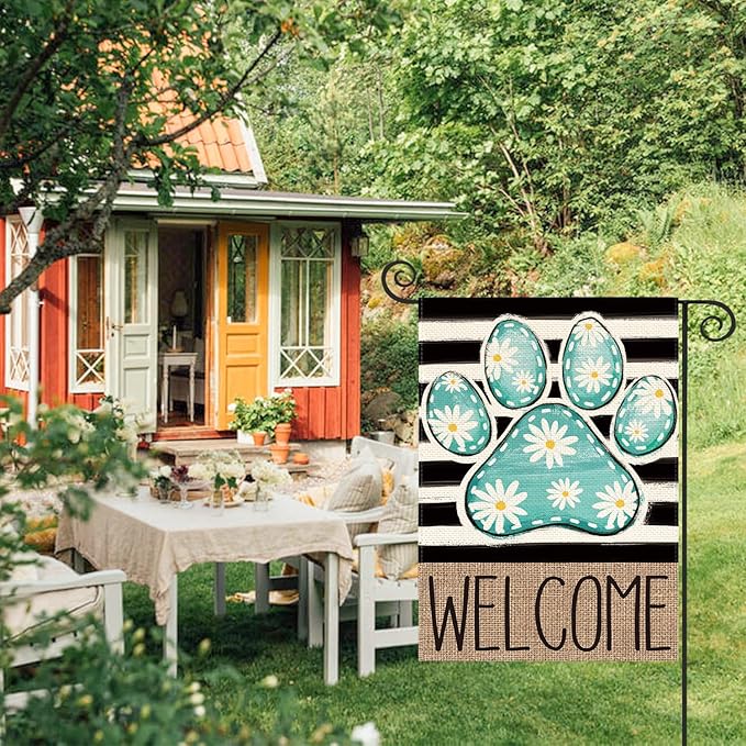 AVOIN colorlife Blue Paw Print Spring Garden Flag 12x18 Inch Double Sided Outside, Daisy Floral Welcome Stripes Yard Outdoor Flag