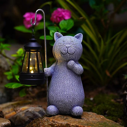 Qeeman Solar Cat Garden Statue: Weatherproof Resin Figurine with Warm Glow Lantern - Outdoor Decor for Yard Pathway Patio Porch Balcony - Gifts for Mom Grandma Cat Lovers