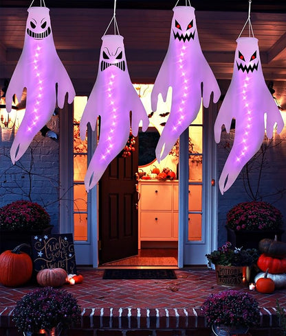 Geefuun 4PCS Purple Halloween Fierce Ghost Windsocks Hanging Decorations - 43 Inch Flag Wind Socks for Home Yard Outdoor Decor Party Supplies (Batteries Not Included,No Timer)
