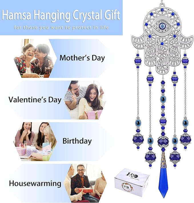 Crystal Prism Suncatcher Ornament for Christmas Tree with Hamsa Fatima Hand Protection Charm Turkish Greek Blue Evil Eye Sapphire Crystals Beads for Window Hanging Decoration