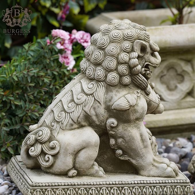 Pair of Foo Dog Stone Statues | Decorative Oriental Dragon Sculpture Ornamental Lion Animal Garden Ornament Decoration