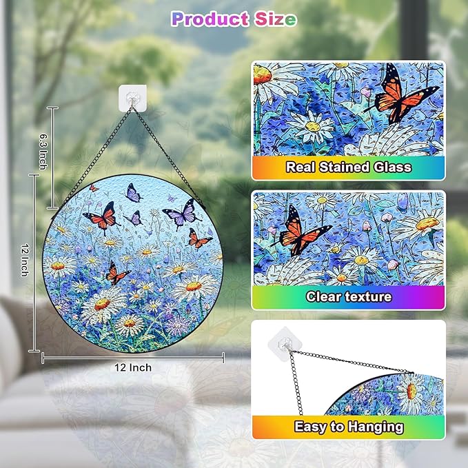 Butterfly Stained Glass Suncatcher,7.8in Butterfly Suncatcher for Window Hanging,Hand Chrysanthemum Suncatcher Window Decoration,Butterfly Home Decor for Indoor Window