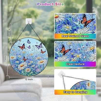 Butterfly Stained Glass Suncatcher,7.8in Butterfly Suncatcher for Window Hanging,Hand Chrysanthemum Suncatcher Window Decoration,Butterfly Home Decor for Indoor Window