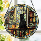 Stained Glass Window Hanging, 8 Inch Black Cat Suncatcher, Sun Catchers Indoor Window, Book Suncatchers for Windows Hanging, Spring Home Garden Librarian Decor Panel, Book Lover Gifts for Women Men