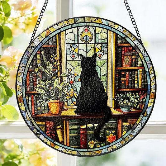 Stained Glass Window Hanging, 8 Inch Black Cat Suncatcher, Sun Catchers Indoor Window, Book Suncatchers for Windows Hanging, Spring Home Garden Librarian Decor Panel, Book Lover Gifts for Women Men