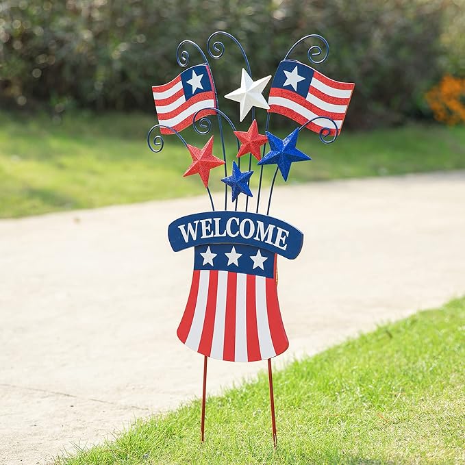 Glitzhome 30.25" H Wooden/Metal American Flags Patriotic Garden Yard Stake, 4th of July Wall Decor for Home Yard Front Door National Day Decoration