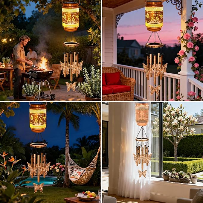 Butterfly Solar Wind Chimes for Outside, Gifts for Mothers Day Mom Women Grandma Birthday Memorial Teacher, 32" Windchimes Outdoor Decor Hanging Solar Lantern for Garden Porch Patio Backyard