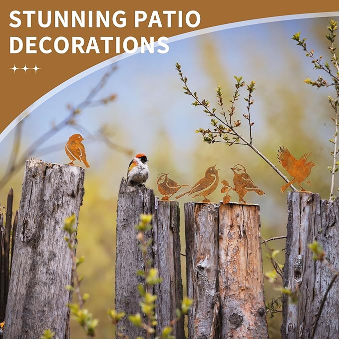 Geila 5PCS Rusty Birds Decoration, Fence Decorations Outdoor, Metal Birds Yard Decor Perfect Yard Art and Large Outdoor Ornaments (F)