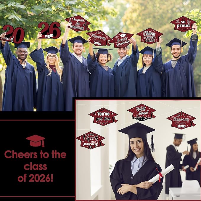 16 Pieces 2026 Graduation Yard Signs Plastic Congrats Grad Decor with 32 Stake and Ribbon Graduate Cap Hanging Yard Sign for Party Outdoor Lawn Pathway Walkway Decorations(Maroon)
