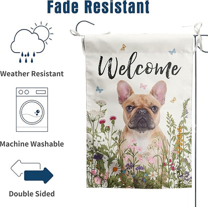 Floral French Bulldog Garden Flag Spring Summer Yard Flag Flower Dog Garden Flags for Outside Small Outdoor Welcome Flags 12x18 Double Sided