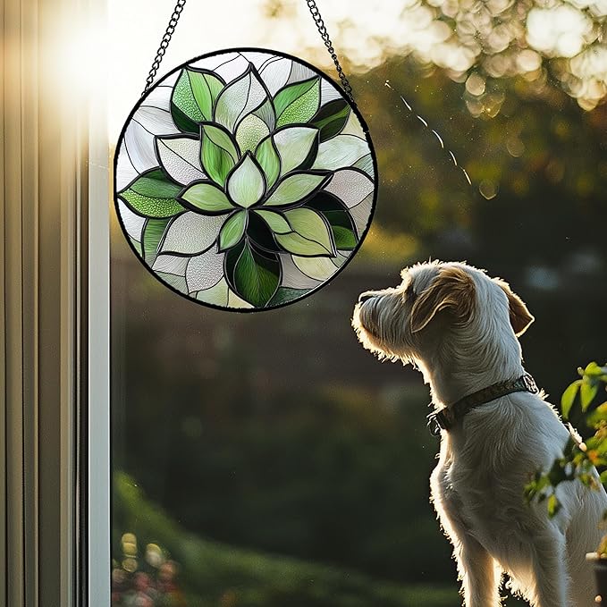 Stained Glass Window Hanging - Green Lotus Suncatcher for Door Garden Succulent Plant Sun Catchers Decor Mother's St. Patrick's Day Birthday for Women Mom Nana Grandma 9.8 in