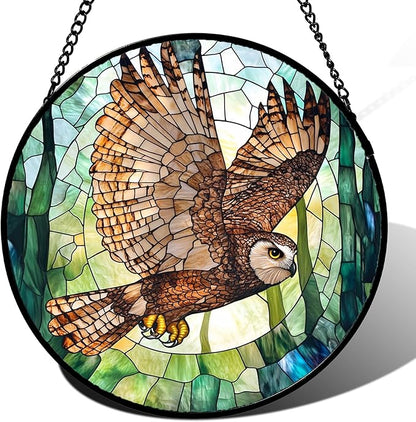 CHATYOUNG Stained Glass Window Hanging Owl Flying with Wings Spread 6.3" - Bird Suncatcher Door Garden Sunroom Sun Catcher Home Decor Birthday Christmas for Mom Men Woman Nana Friend Birds Lovers