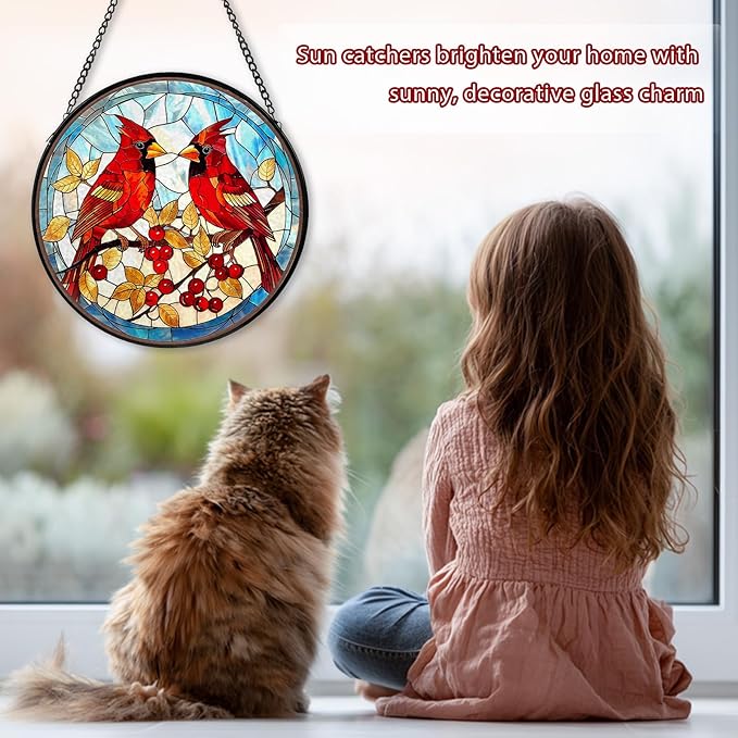 Red Cardinal Stained Glass Window Hanging, Hummingbird Suncatcher Diamond Glass Panel Hangings, Handmade Bird Sun Catchers Windows Wall Art, Gift for Mom, Christmas Decor for Home Office 7.87 inches