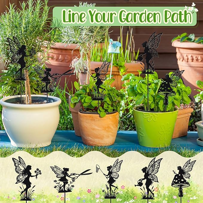 Novabright 5 Pcs Decorative Garden Stakes Metal Fairy Silhouette Set Stakes Outdoor Yard Art Decor Fairy Garden Sign for Lawn Flower Bed Planter Pot Landscaping (Black)